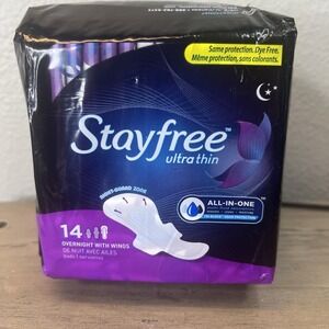 Stayfree Ultra‎ Thin Overnight Pads With Wings Odor Protection 14 Count NOS